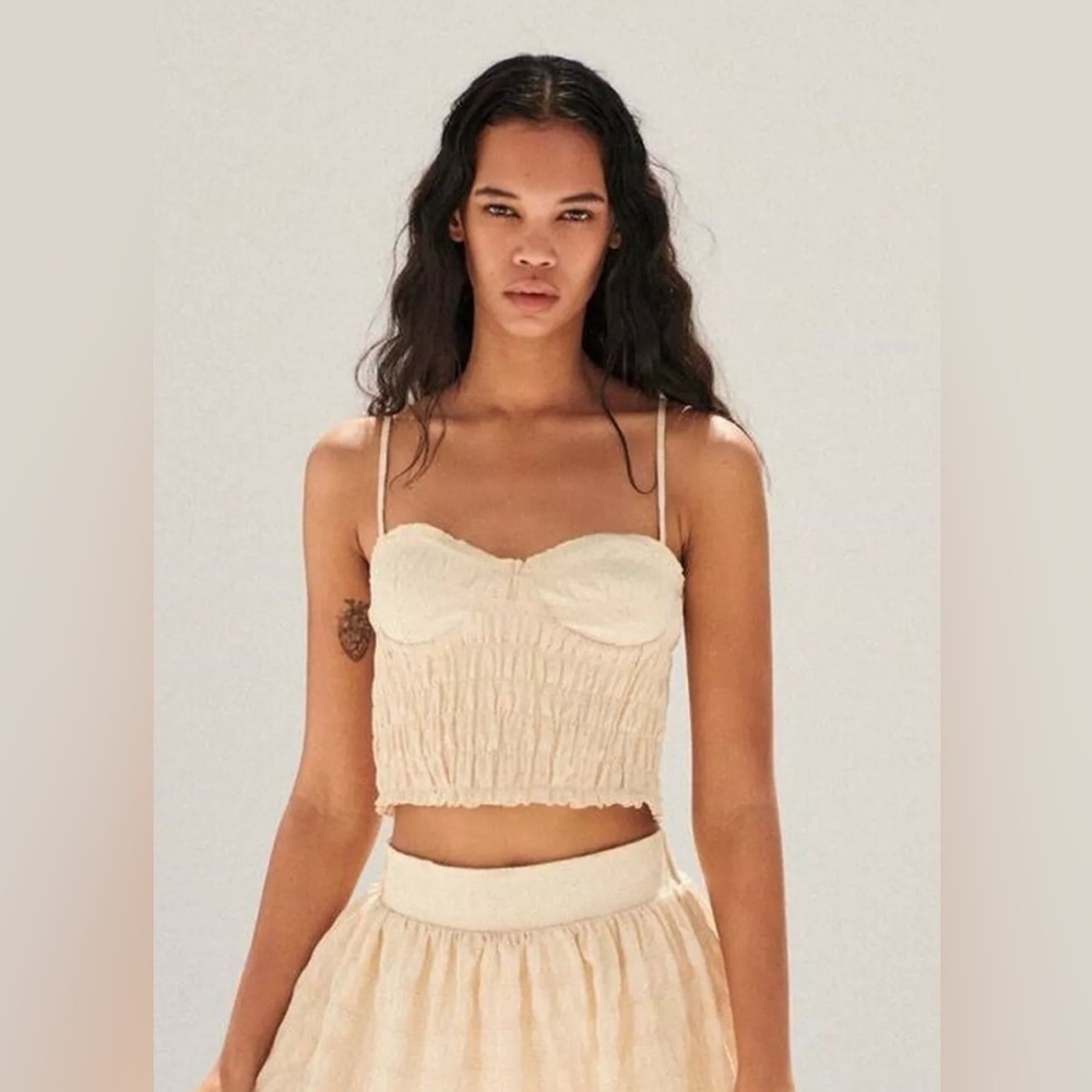 ZARA Textured Gingham Ruched Stretch Bustier Crop Top Size M